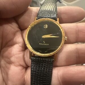Vintage Peugot Mens Wristwatch Gold Tone‎ Black Dial 32mm Not Working For Repair